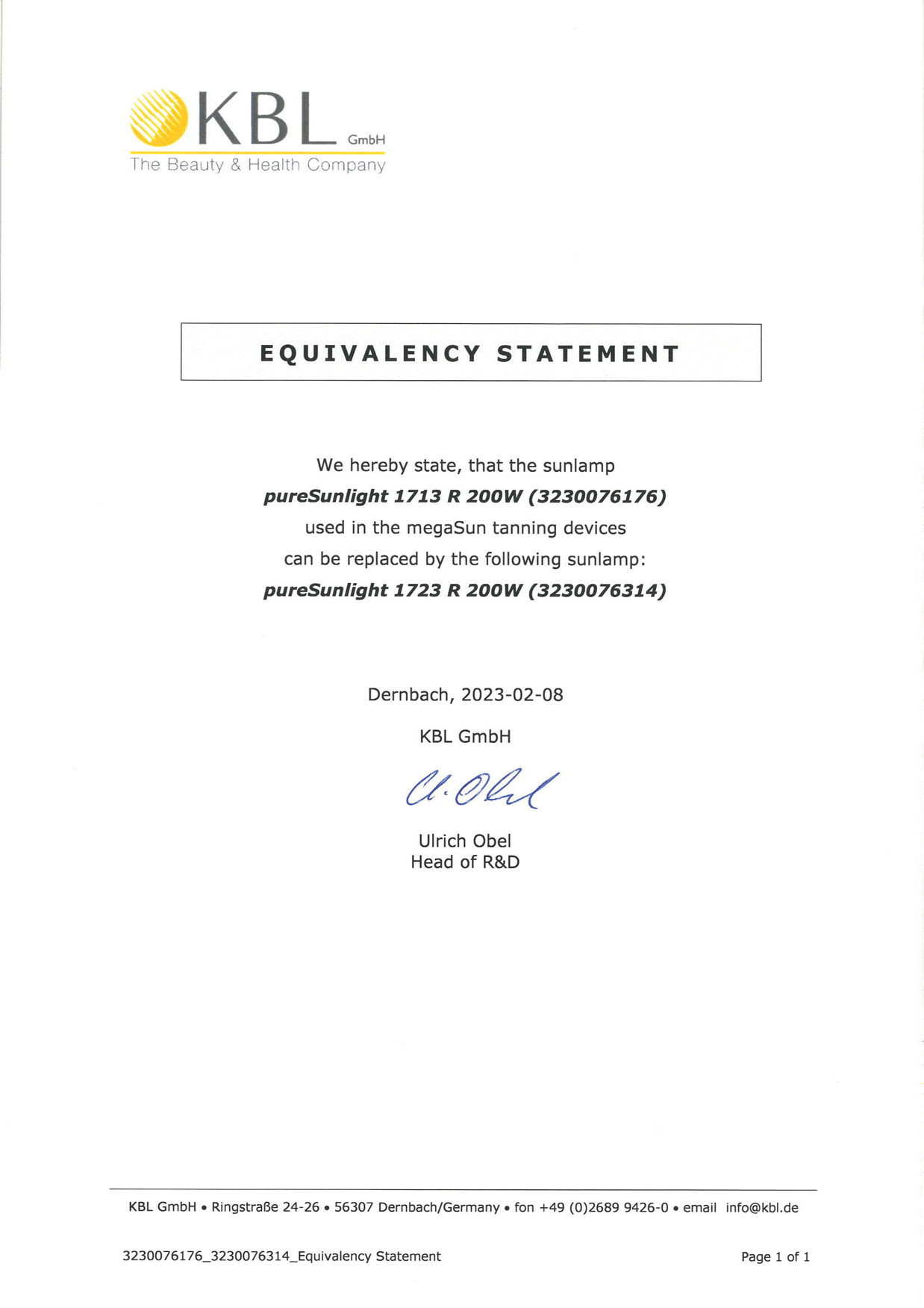KBL 1713R to 1723R Equivalency Statement 8-2-2023