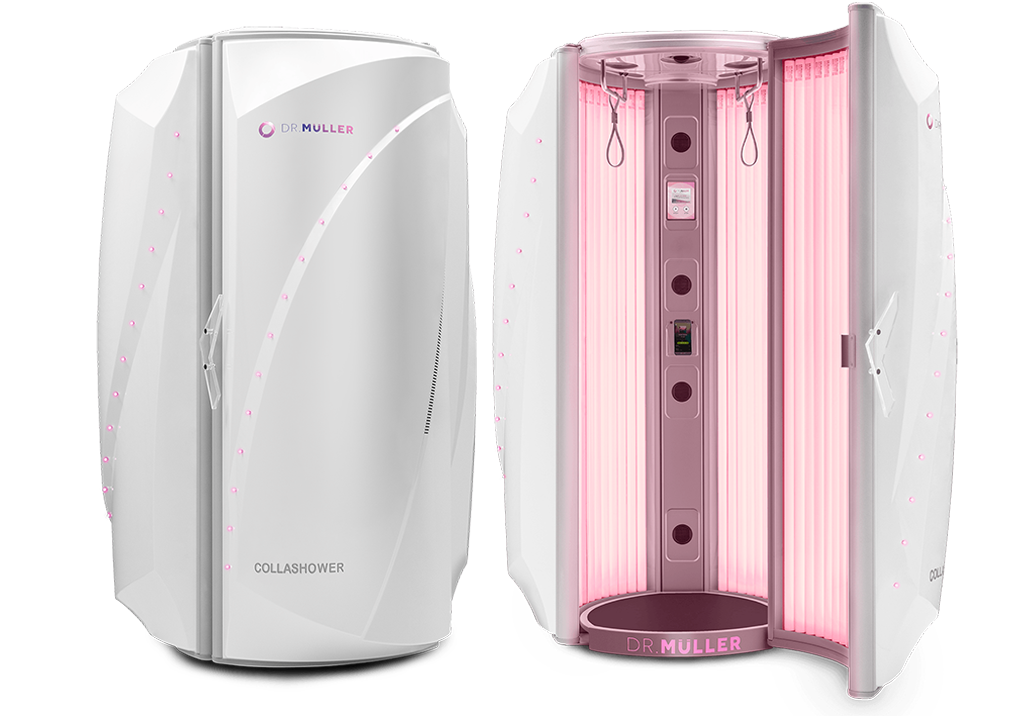 Dr. Muller red light therapy bed shown open and closed.