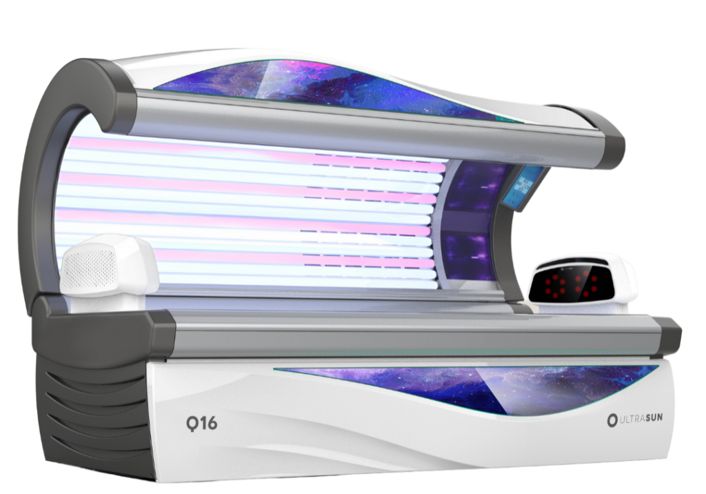 Ultrasun's new sunbed Q16 Hybrid open to show features.